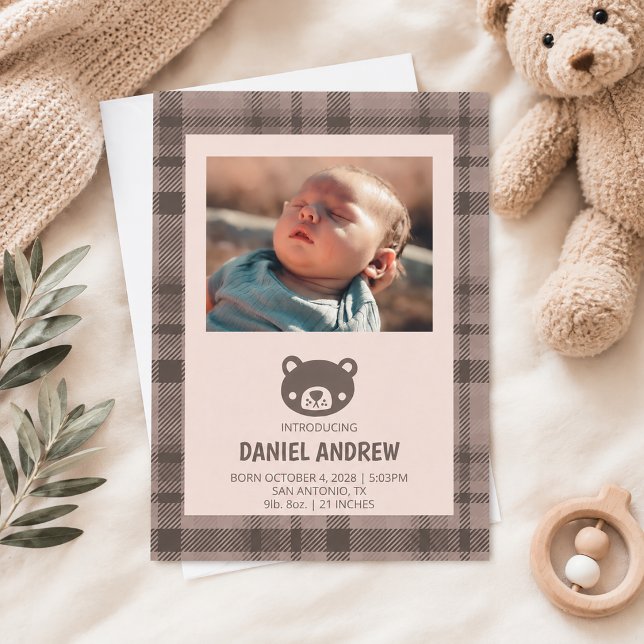 Faire-part Naissance de bébé ours à carreaux (Bear Photo Birth Announcement)