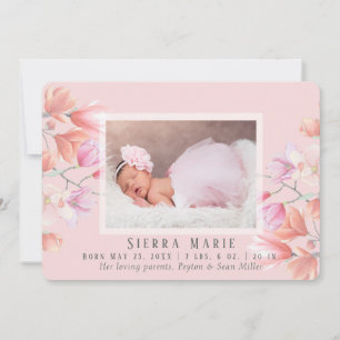 Faire-part Naissance d'une petite fille en photo rose florale