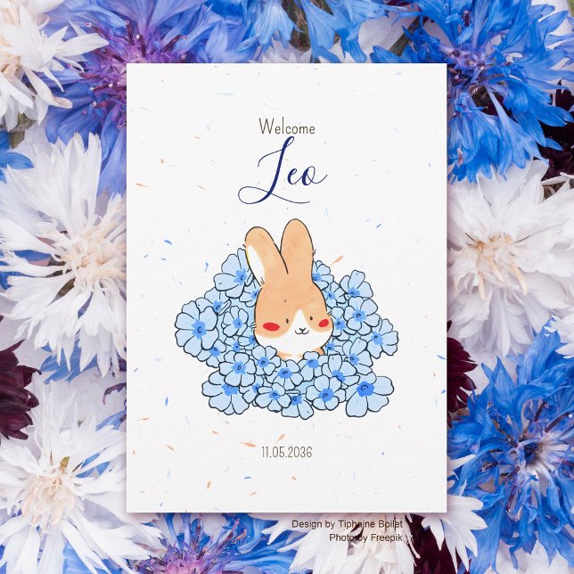 Faire-part naissance lapin fleur (Faire-part naissance lapin fleur bleu garçon)