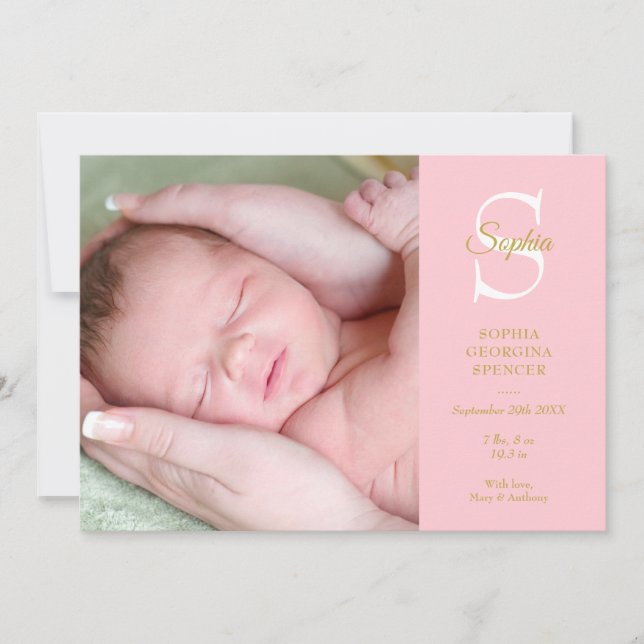 Faire-part Naissance Monogramme Rose Bébé 4 Photos Moderne (Devant)