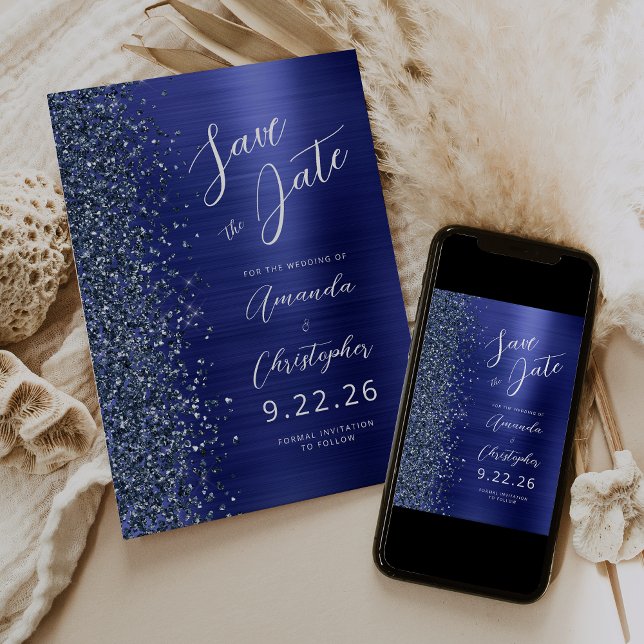 Faire-part Navy Blue Brushed Metal Script Save the Date (Créateur téléchargé)