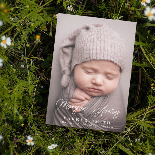 Faire-part Neutre Nom Blanc Signature Script Nouveau bébé Pho