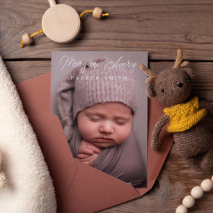 Faire-part Neutre Nom Blanc Signature Script Nouveau bébé Pho