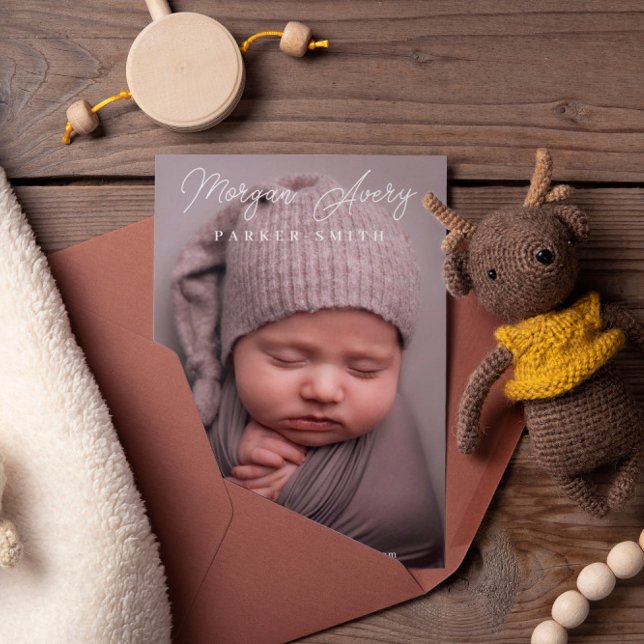 Faire-part Neutre Nom Blanc Signature Script Nouveau bébé Pho (Créateur téléchargé)