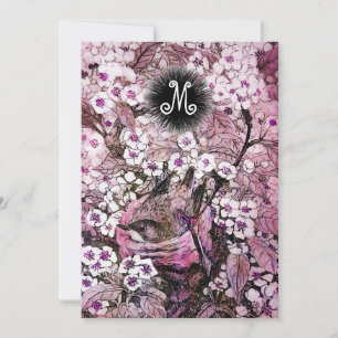 FAIRE-PART NID D'OISEAU, ARBRE FLEURS BLANCHES ET ROSES AU PR