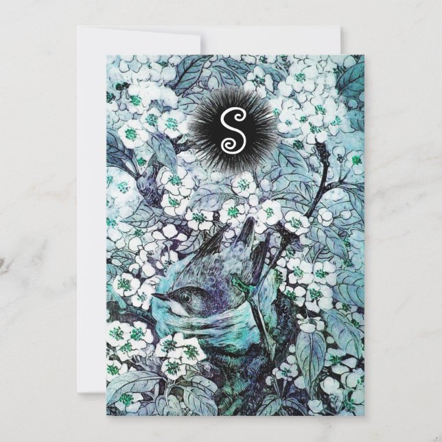 FAIRE-PART NID D'OISEAU, MONOGRAMME FLEURS BLANCHES BLEUES DE (Devant)