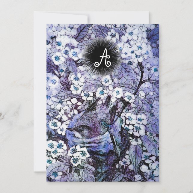 FAIRE-PART NID D'OISEAU, MONOGRAMME FLEURS DE PRINTEMPS BLANC (Devant)