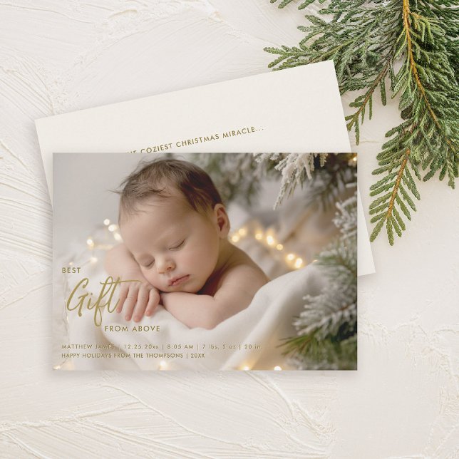 Faire-part Noël Meilleur cadeau Calligraphie Gold Baby Photo (christmas family card baby announcement best gift calligraphy simple elegant modern gold)