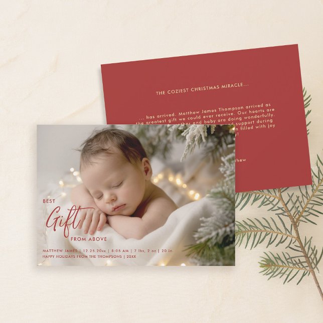 Faire-part Noël Meilleure calligraphie Cadeau moderne photo b (christmas family card baby announcement best gift calligraphy simple elegant modern red gold)