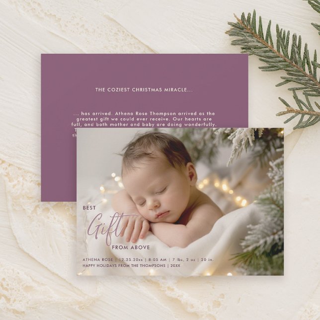 Faire-part Noël Meilleure calligraphie Cadeau Pink Baby Photo (christmas family card baby announcement best gift calligraphy simple elegant modern lavender pink)
