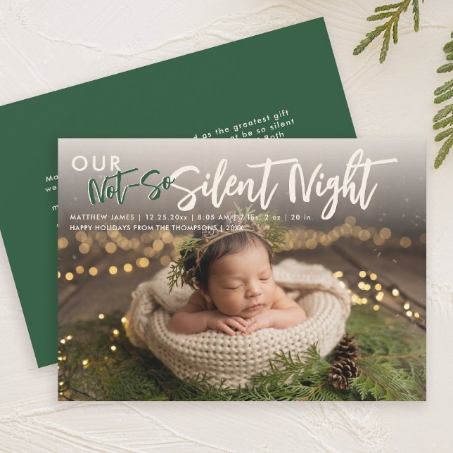 Faire-part Noël Pas Silencieux Nuit Vert Funny Bébé Photo (christmas family card baby announcement not so silent night cute funny humorous green)