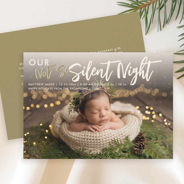 Faire-part Noël Pas Silent Night Gold Funny Baby Photo (christmas family card baby announcement not so silent night cute funny humorous gold)