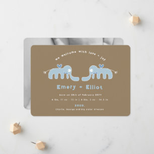 Faire-part Nœud papillon éléphant bleu jumeaux bébés garçons