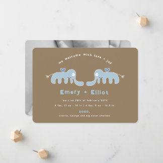 Faire-part Nœud papillon éléphant bleu jumeaux bébés garçons