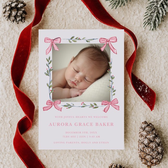 Faire-part Nœuds roses verdure baies de Noël bébé (Créateur téléchargé)