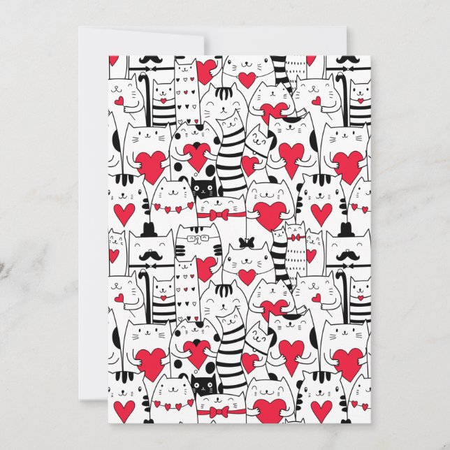 Faire-part Noir Blanc Cute Chat Coeur Rouge (Devant)