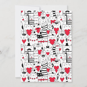 Faire-part Noir Blanc Cute Chat Coeur Rouge