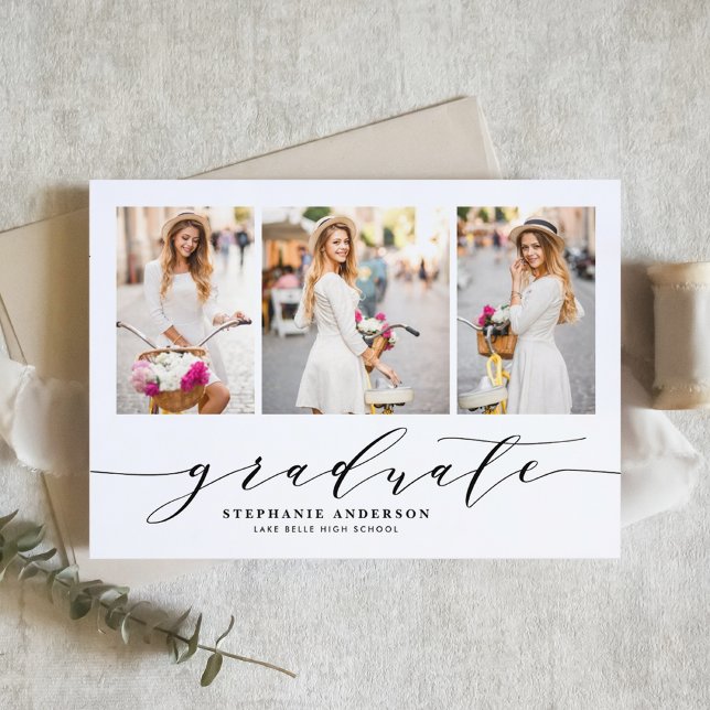 Faire-part Noir Dainty Script Trois Photo Remise des diplômes (Customizable photo collage Graduation Announcement featuring whimsical calligraphy)