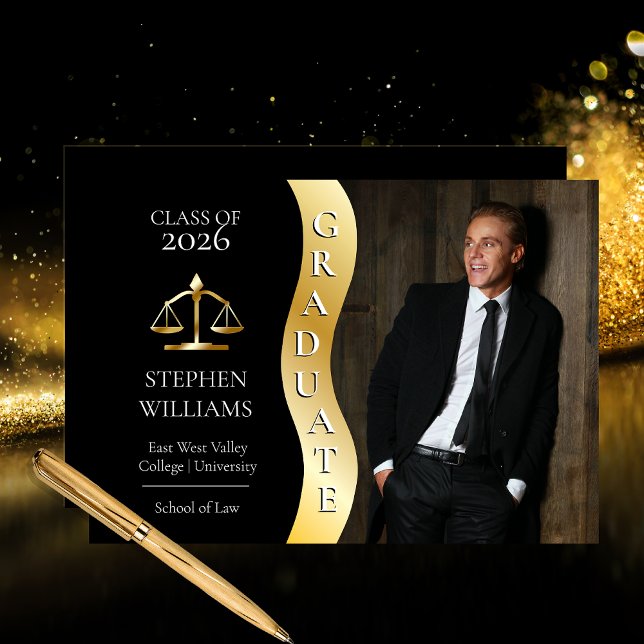 Faire-part Noir | Diplômé d'or Wave Law Justice Grad (Black and Gold Tone Graduate Law School | Justice Graduation Photo Announcement - Print | Digital)