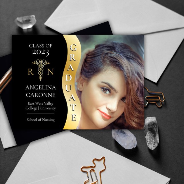 Faire-part Noir |Diplômé en or Vague Caduceus RN Infirmière G (Créateur téléchargé)