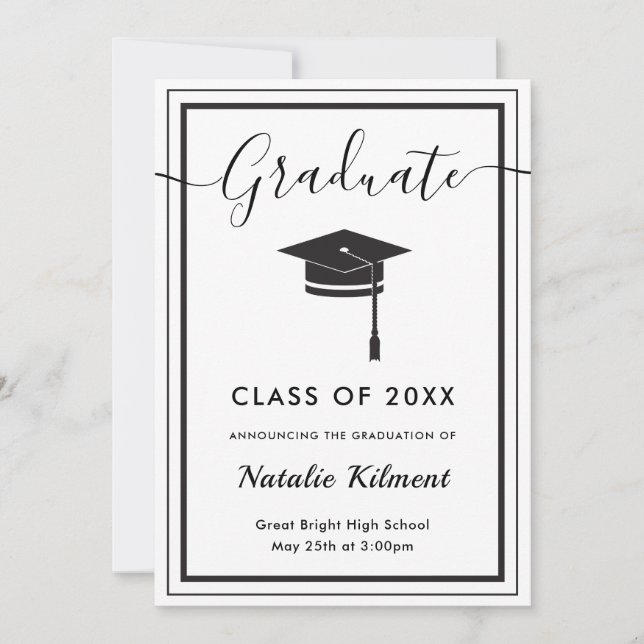 Faire-part Noir et blanc Moderne Casquette diplômé (Devant)