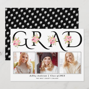 Faire-part Noir GRAD typographie rose roses graduation photo