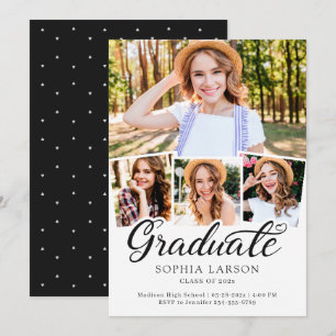 Faire-part Noir moderne Blanc 4 Photo Collage Graduation