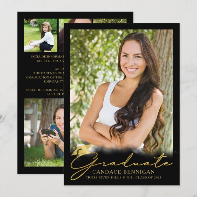 Faire-part Noir moderne Script 5 Photo Graduation (Devant / Derrière)