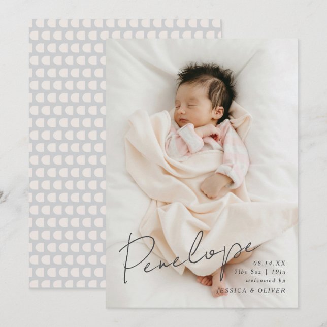 Faire-part Nom de bébé calligraphique moderne à fond de sang (Devant / Derrière)