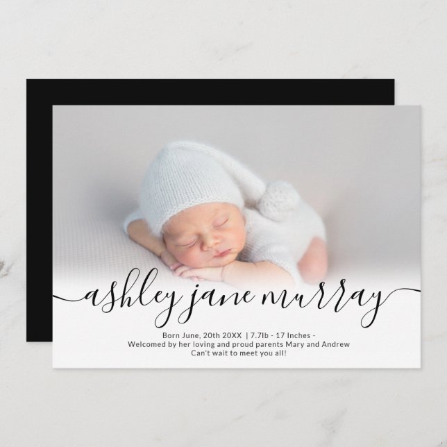 Faire-part Nom script coeur photo noir neutre bébé naissance (Devant / Derrière)