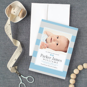 Faire-part Notre joli garçon bleu gris beau bébé naissance