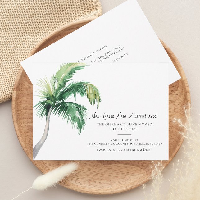 Faire-part Nous Avons Déménagé Aquarelle Côtière Palm Tree Dé (Coastal Palm Tree Change of Address Moving Announcement Holiday Card)