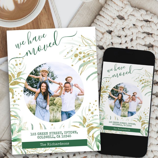 Faire-part Nous Avons Déménagé Élégant Or Green Foliage Démén (round photo new address card available printed or as printable digital download)