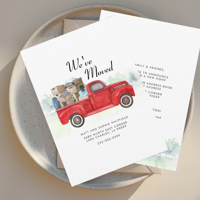 Faire-part Nous avons déménagé le camion d'aquarelle Faire-pa (We've Moved Change of Address Red Truck Watercolor Moving Announcement)