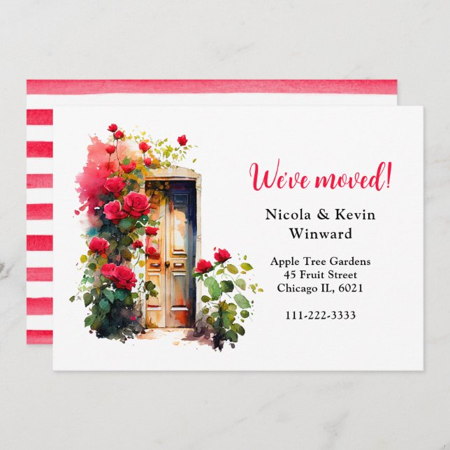 Faire-part Nous avons déplacé la porte de roses rouges floral (Devant / Derrière)
