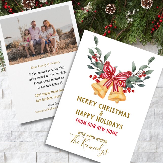 Faire-part Nous avons déplacé les cloches de Noël Red Bow pho (We've Moved Christmas Bells Red Bow Holiday Photo Announcement)