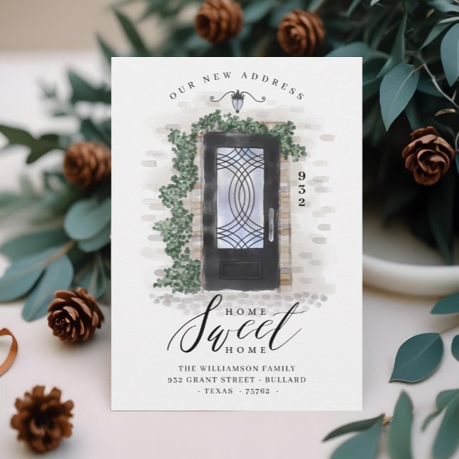 Faire-part Nous avons déplacé Porte élégante en fer noir aqua (We've Moved Black Iron Watercolor Elegant Door Announcement)