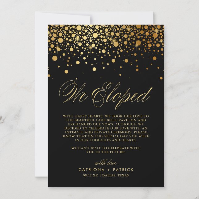 Faire-part Nous Avons Elopé Faux Gold Foil Confetti Black Mar (Devant)