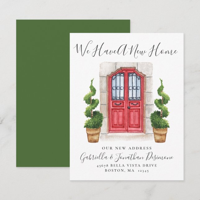 Faire-part Nous Avons Une Nouvelle Maison Porte Rouge Aquarel (Devant / Derrière)