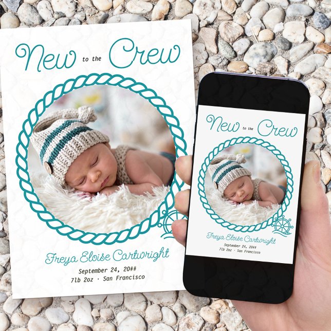 Faire-part Nouveau à l'équipage 2 photo Turquoise de roue nau (Nautical baby birth announcement with 2 of your photos and "new to the crew wording")