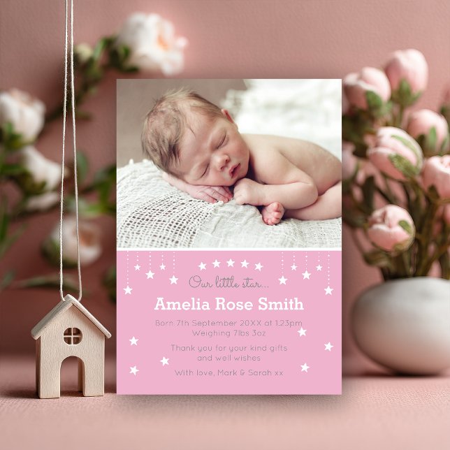 Faire-part Nouveau bébé faire-part/carte de remerciements (A sweet way to introduce your little star 🌟 Personalize this pink photo announcement to share your )