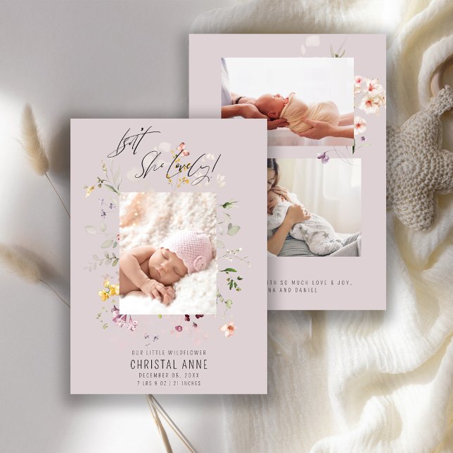 Faire-part Nouveau-né Fleur sauvage Photo Collage Lilac Fille (Créateur téléchargé)