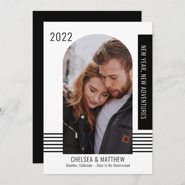 Faire-part Nouvel An Nouvelles Aventures Photo BW Fiançailles (Devant / Derrière)