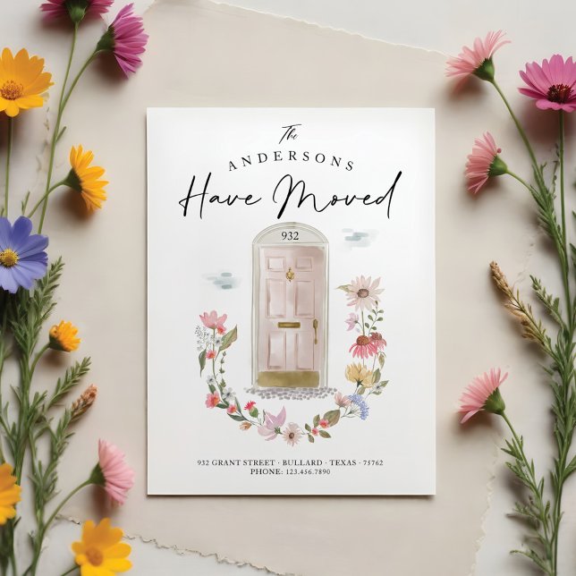 Faire-part Nouvelle maison rose Aquarelle Porte Fleur sauvage (New Home Pink Watercolor Door Wildflower Floral Announcement)
