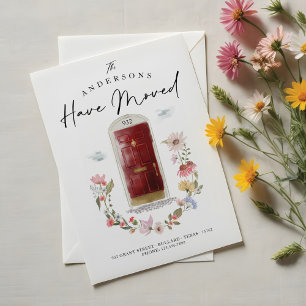 Faire-part Nouvelle maison Rouge Aquarelle Porte Fleur sauvag