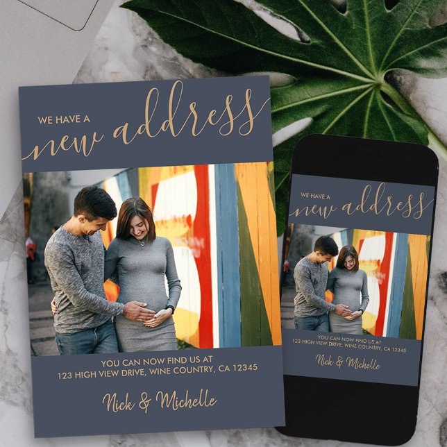 Faire-part Nouvelle photo d'adresse et élégant script Blue Mo (modern photo new address card available printed or as printable digital download)