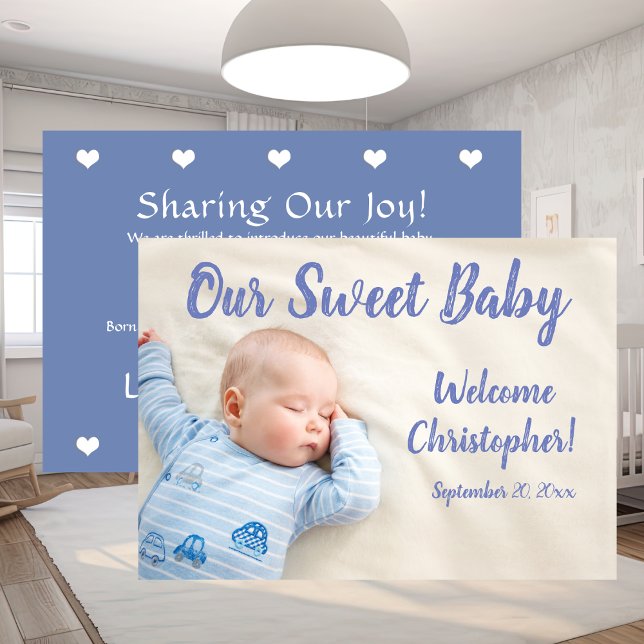 Faire-part Nouvelle photo de bébé (New Baby Photo With Name Blue Announcement)