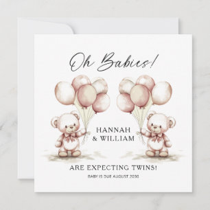 Faire-part Oh Baby Twins mignon Aquarelle Bears Baby shower