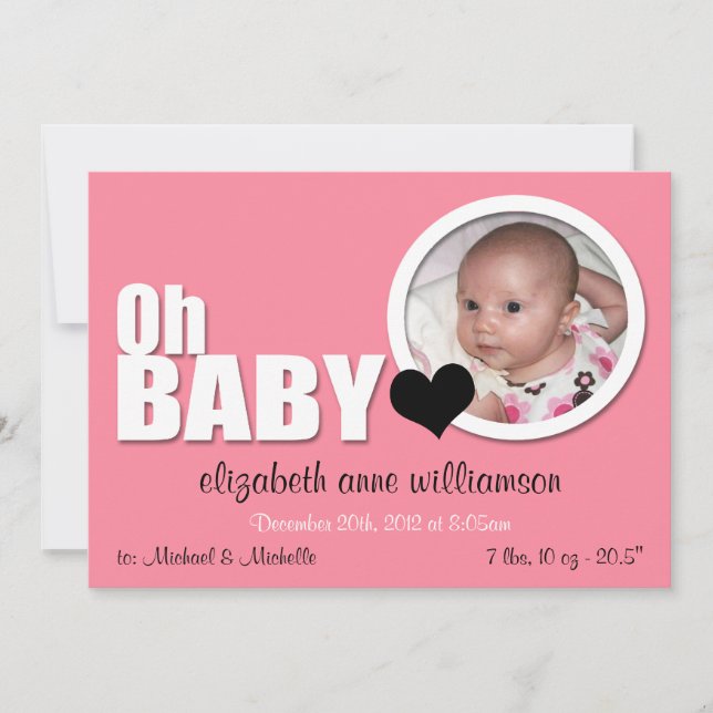 Faire-part Oh Bébé, moderne rose photo Annonces de naissance (Devant)