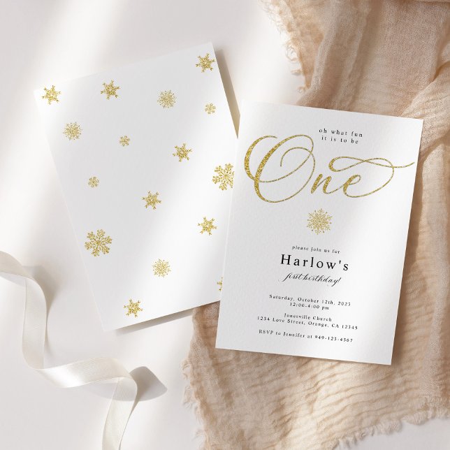 Faire-part Oh ce Fun Gold Snowflake 1er anniversaire Invitati (Créateur téléchargé)